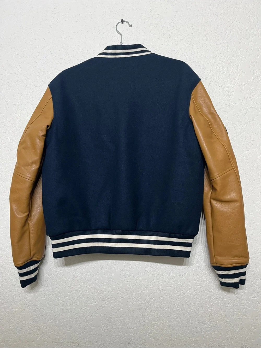 Aeropostale Men’s XS Varsity Jacket With Navy Blue Wool and Tan Leather Sleeves